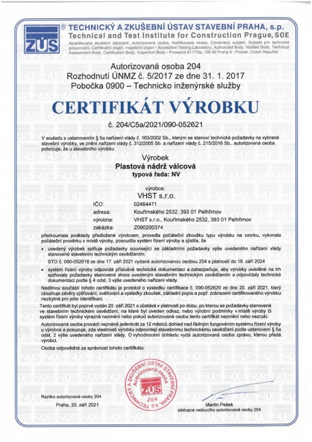 Certifikát výrobku - Plastová nádrž válcová  typová řada: NV