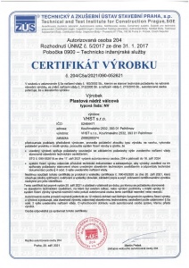 Certifikát  výrobku - Plastová nádrž válcová 